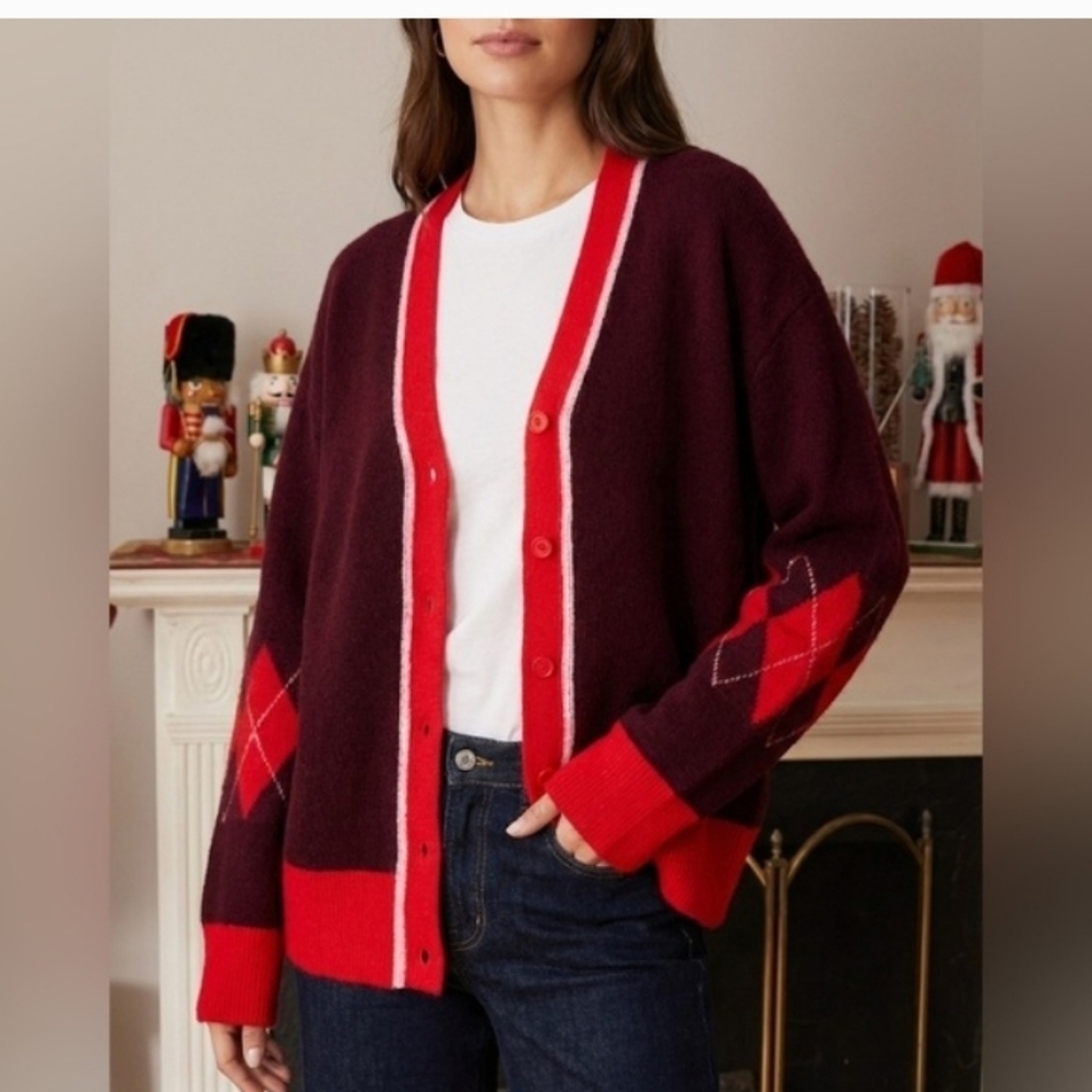New! Cece Argyle Cardigan Size Medium